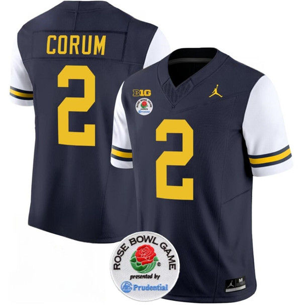 Michigan Wolverines #2 Blake Corum Navy White Rose Bowl Patch Stitched Jersey