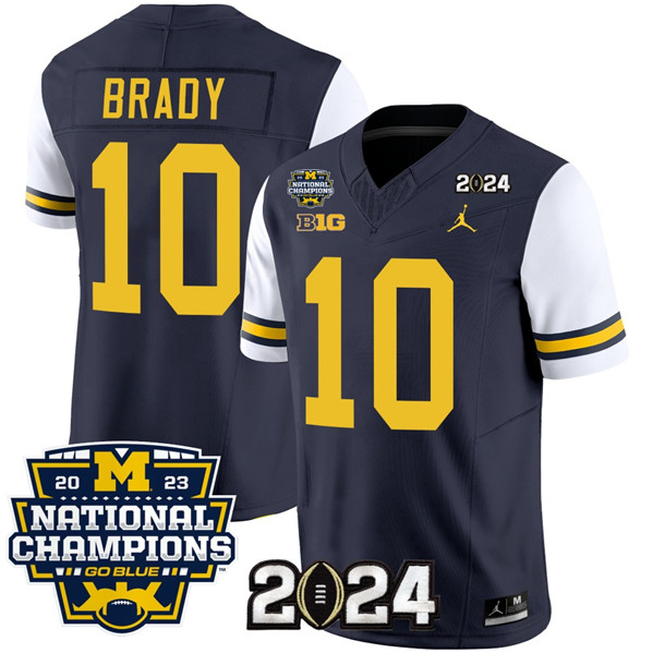 Michigan Wolverines #10 Tom Brady Navy White With 2023 National Champions Patch Stitched Jersey