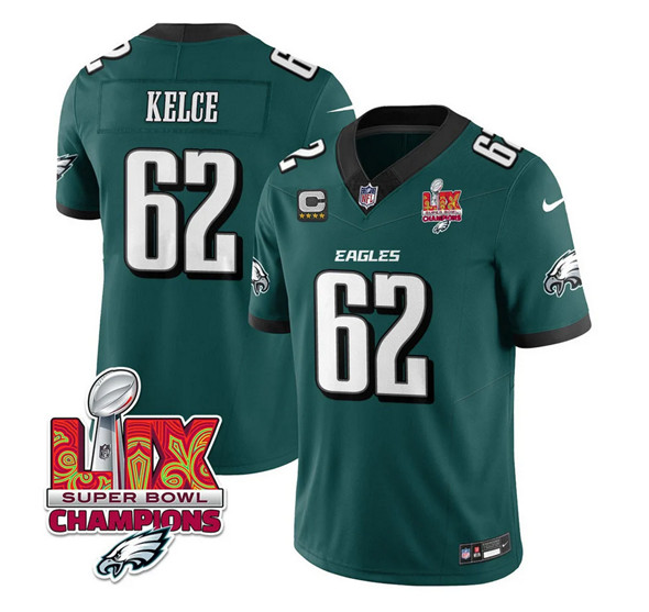 Philadelphia Eagles #62 Jason Kelce Green 2025 Eagles Logo Super Bowl LIX Patch And 4-Star C Patch New F.U.S.E. Vapor Limited Football Stitched Jersey