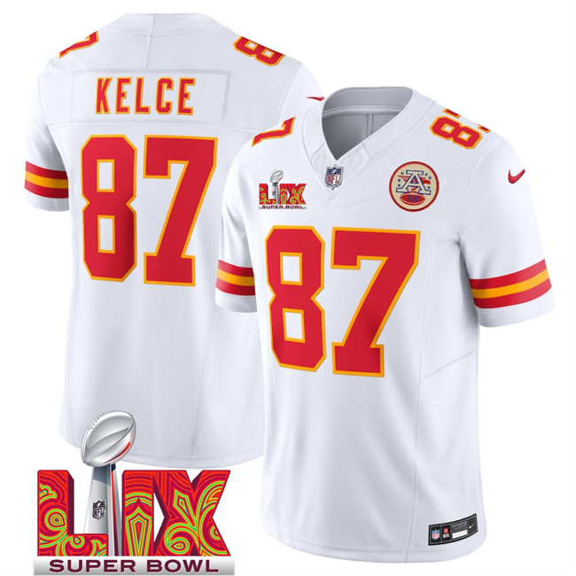 Kansas City Chiefs #87 Travis Kelce White 2025 Super Bowl LIX Patch F.U.S.E. Vapor Limited Stitched Football Jersey