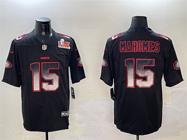 Kansas City Chiefs #15 Patrick Mahomes Black 2025 Super Bowl LIX Patch Smoke Fashion Vapor Limited Stitched Football Jersey